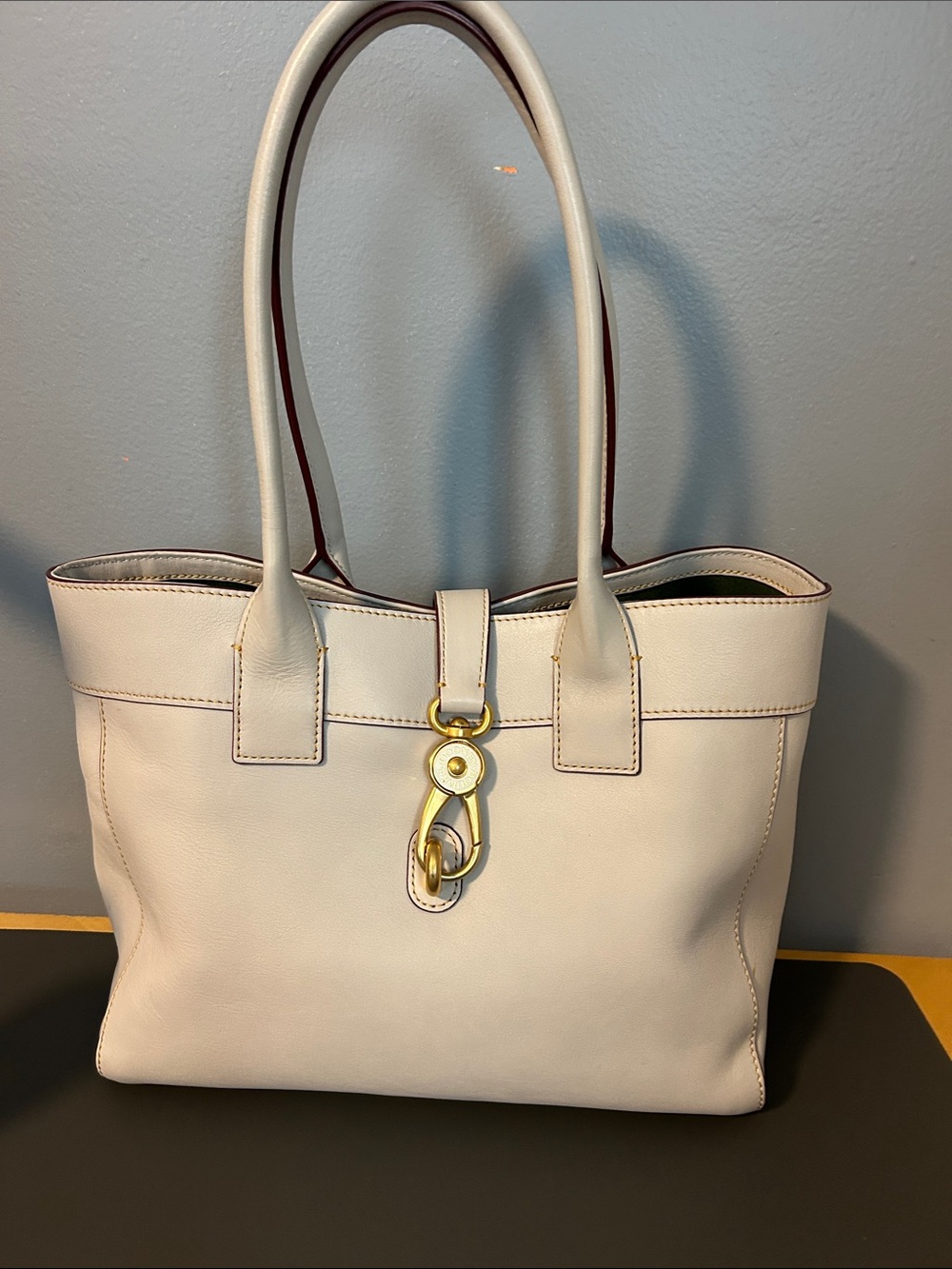 Dooney & Bourke Light Beige Leather Tote Bag with Gold Hardware